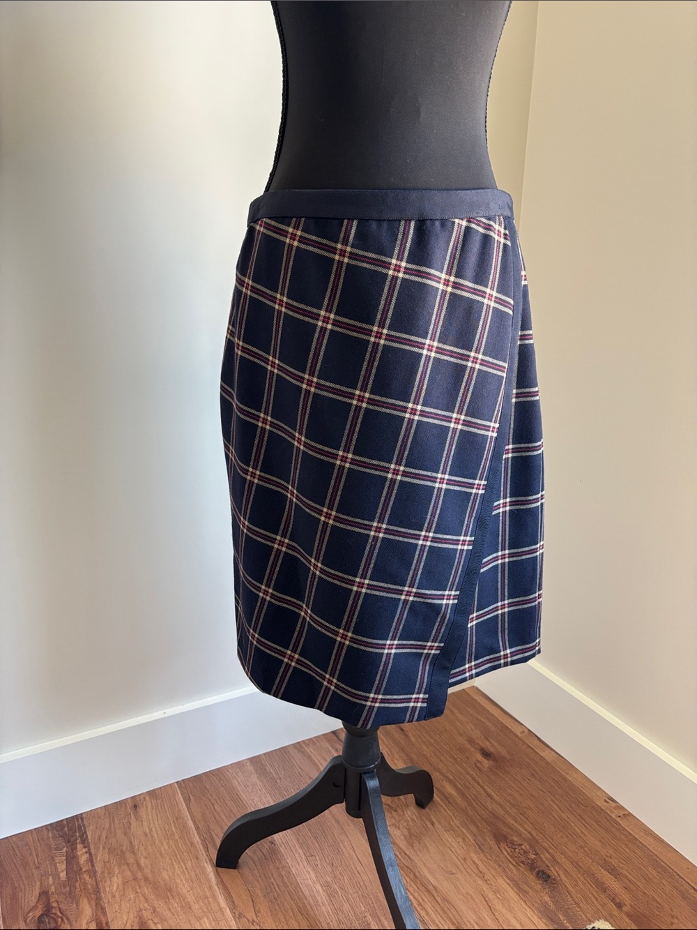Brooks Brothers Navy Plaid Midi Skirt with Cream and Red Windowpane